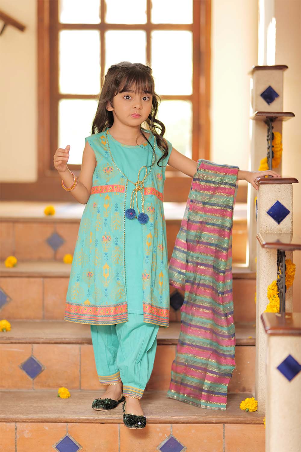 KBD-02309 | Sea Green & Mulitcolor | Casual 3 Piece Suit  | Cotton Gold Printed Lawn