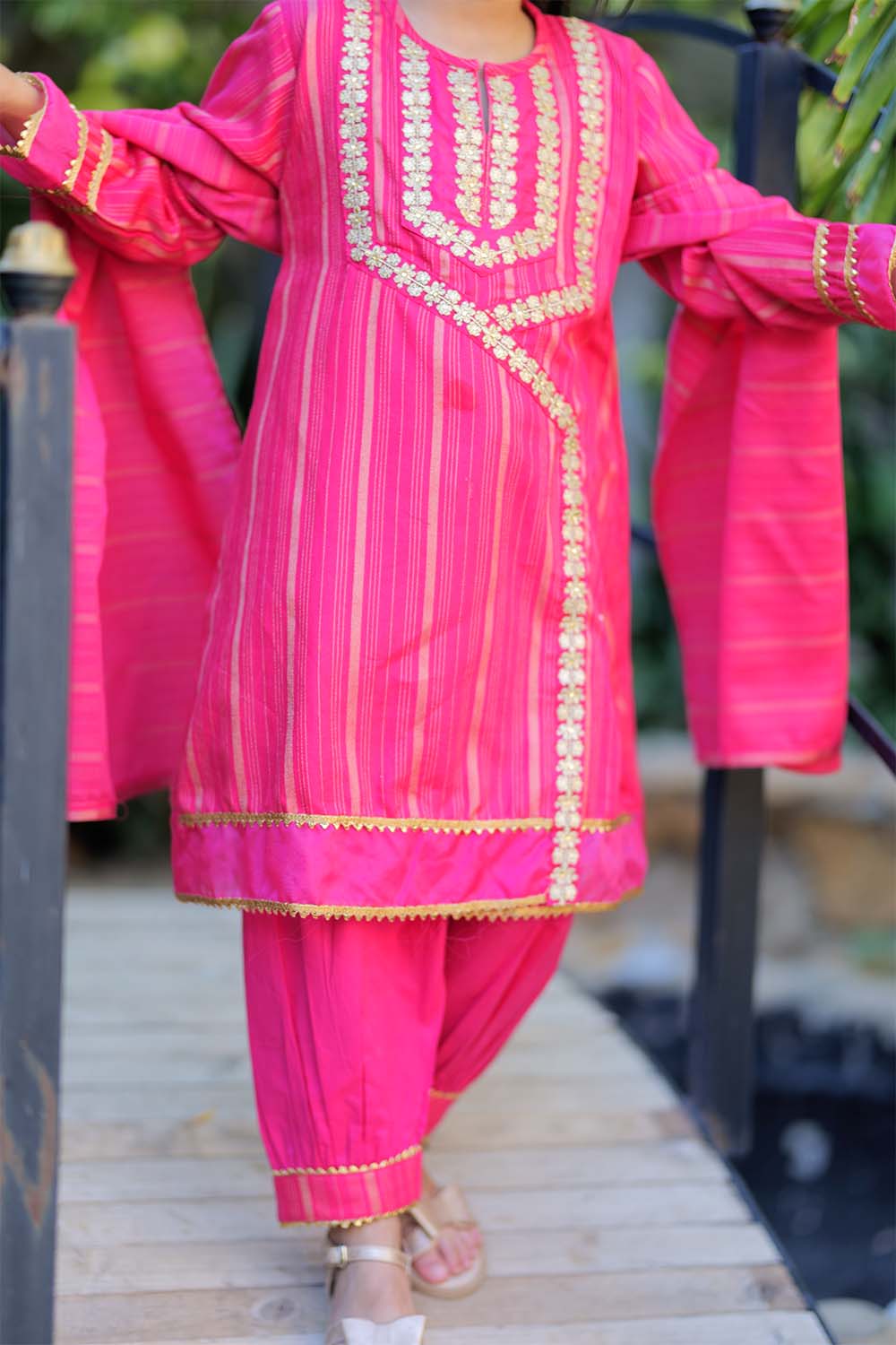 KBD-02230 | Shocking Pink & Golden | Casual 3 Piece Suit | Cotton Dobby Fabric