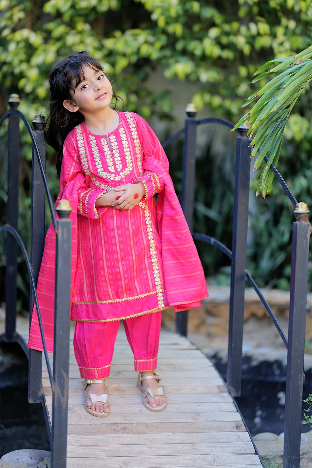 KBD-02230 | Shocking Pink & Golden | Casual 3 Piece Suit | Cotton Dobby Fabric