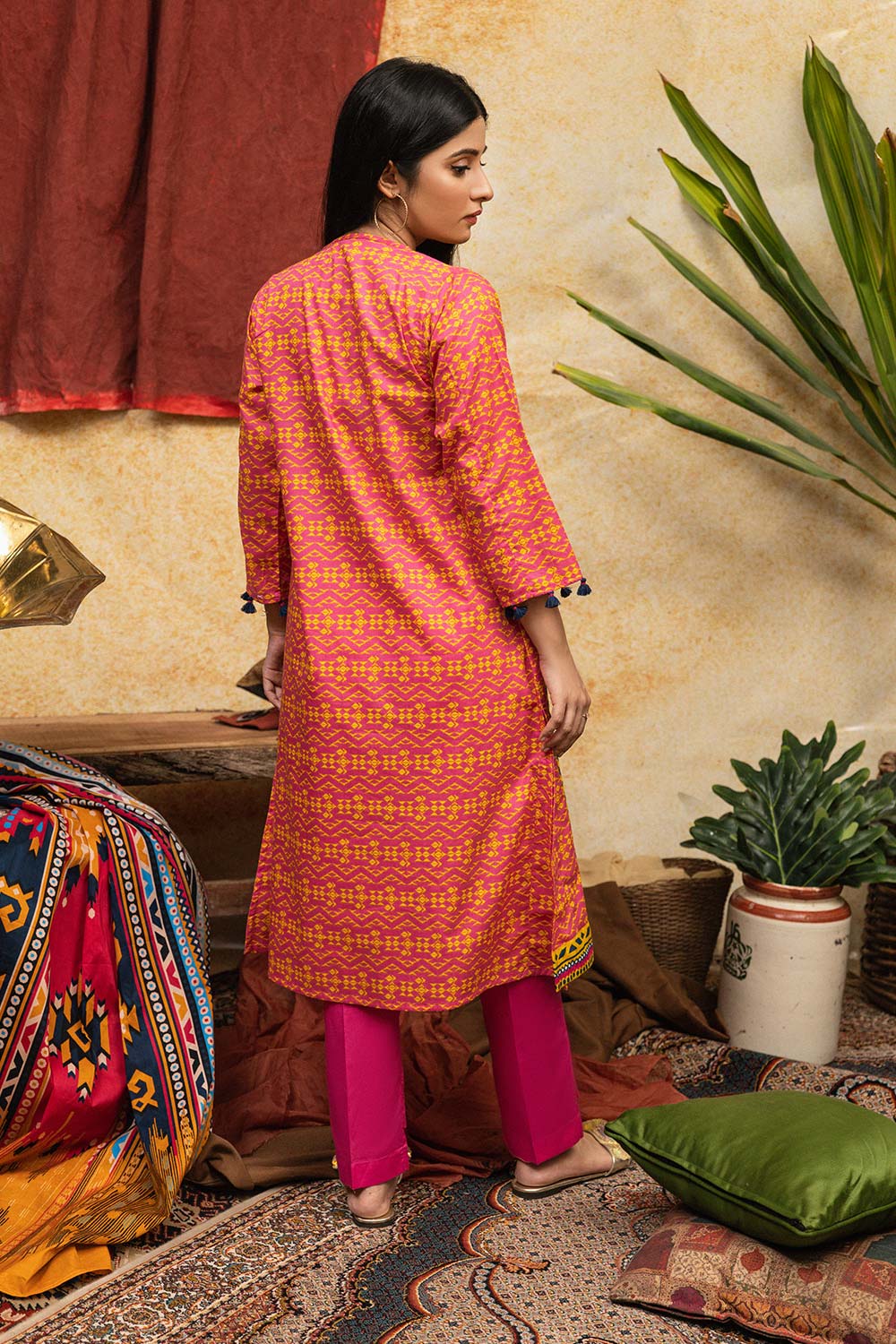 Casual 3 Piece Suit | Cotton Cambric Print | Pink & Yellow | LAD-01868