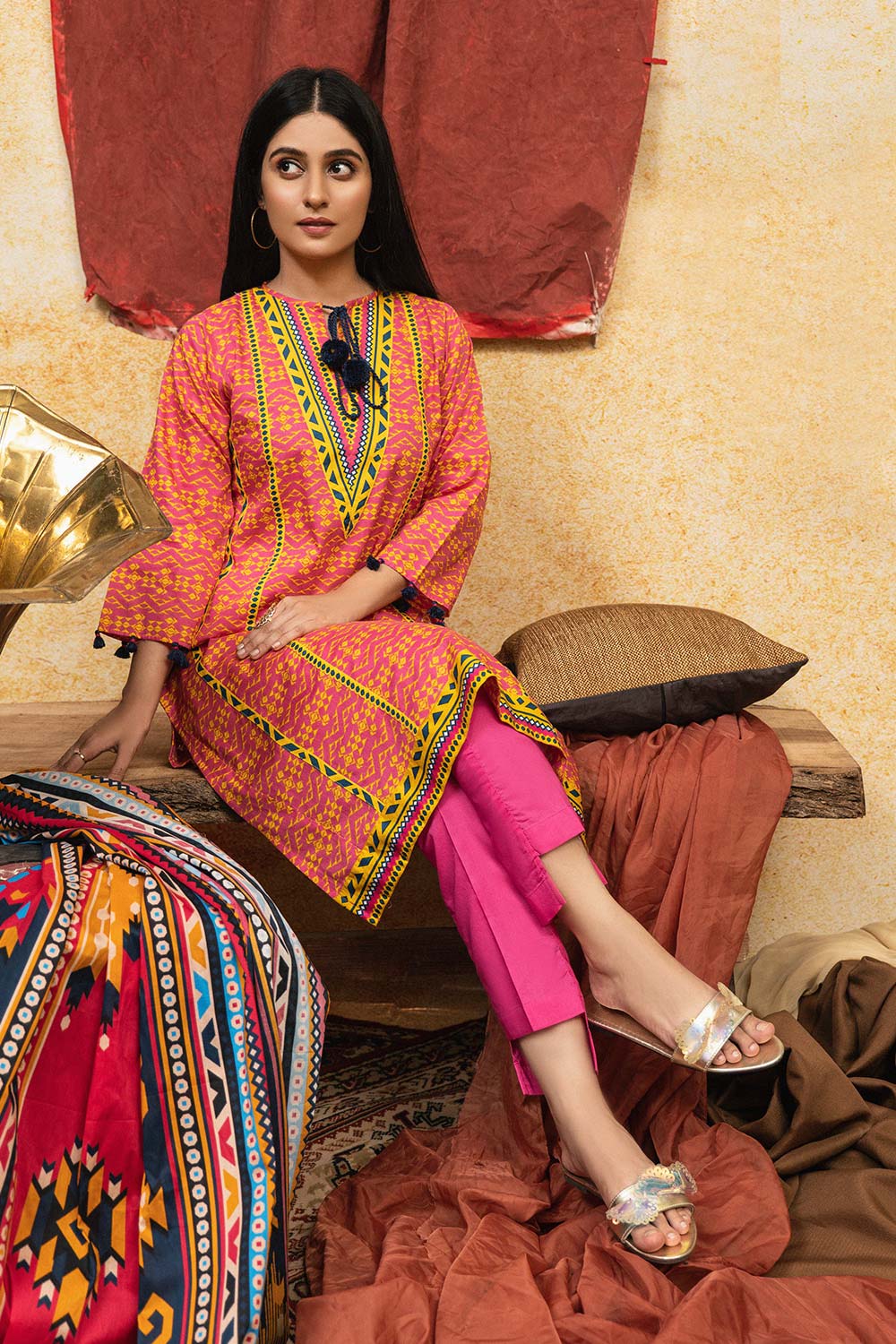 Casual 3 Piece Suit | Cotton Cambric Print | Pink & Yellow | LAD-01868