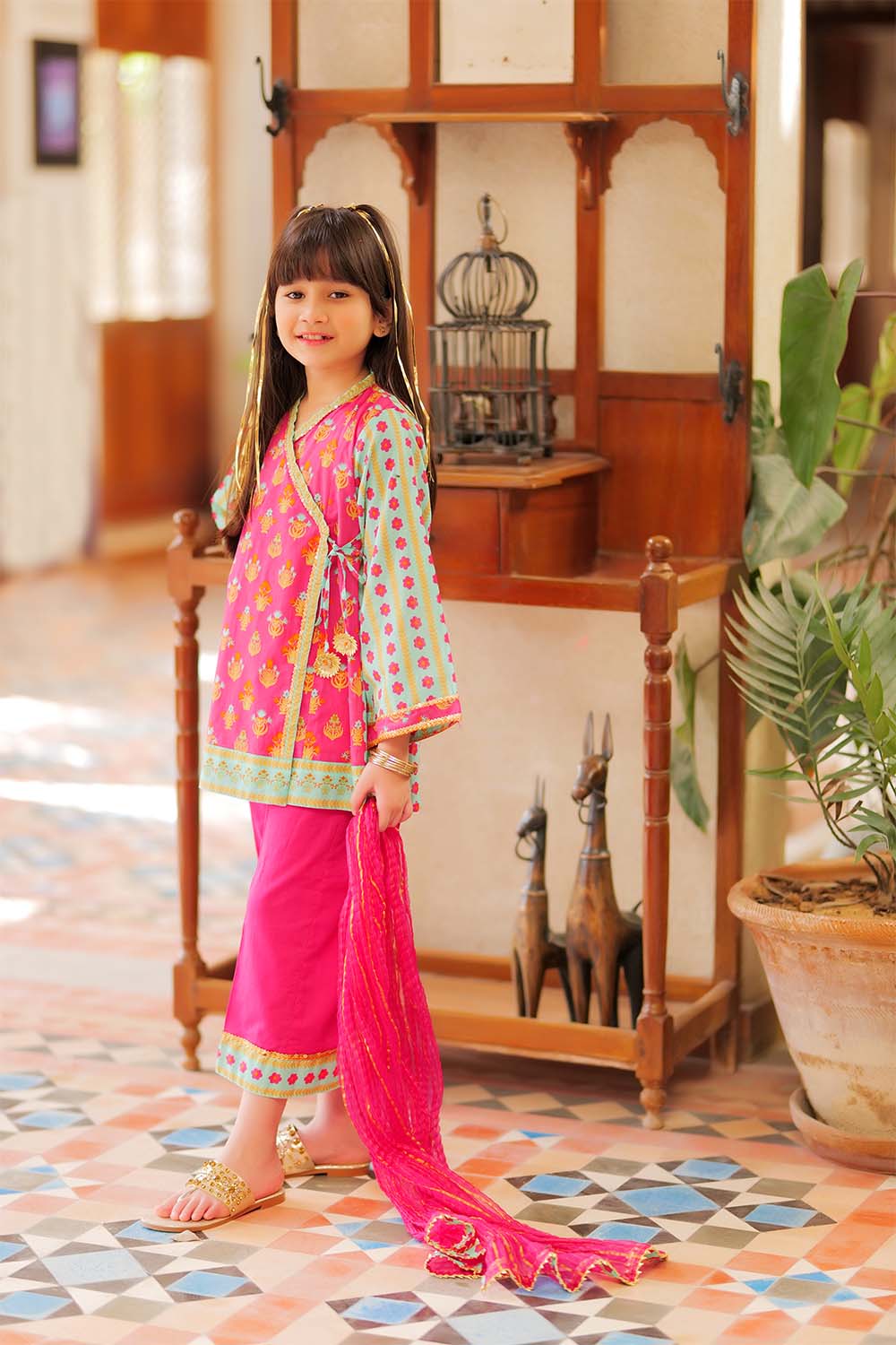 Casual Plus 3 Piece Suit | Cotton Gold Printed Lawn | Shocking Pink & Sea Green | KBD-01980